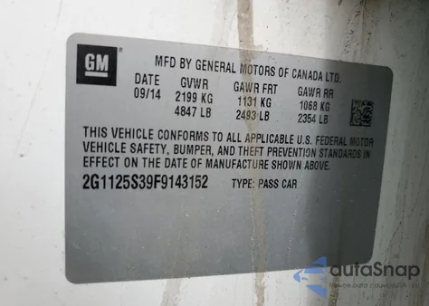 2015 Chevrolet Impala Lt from USA, damaged, VIN 2G1125S39F9143152